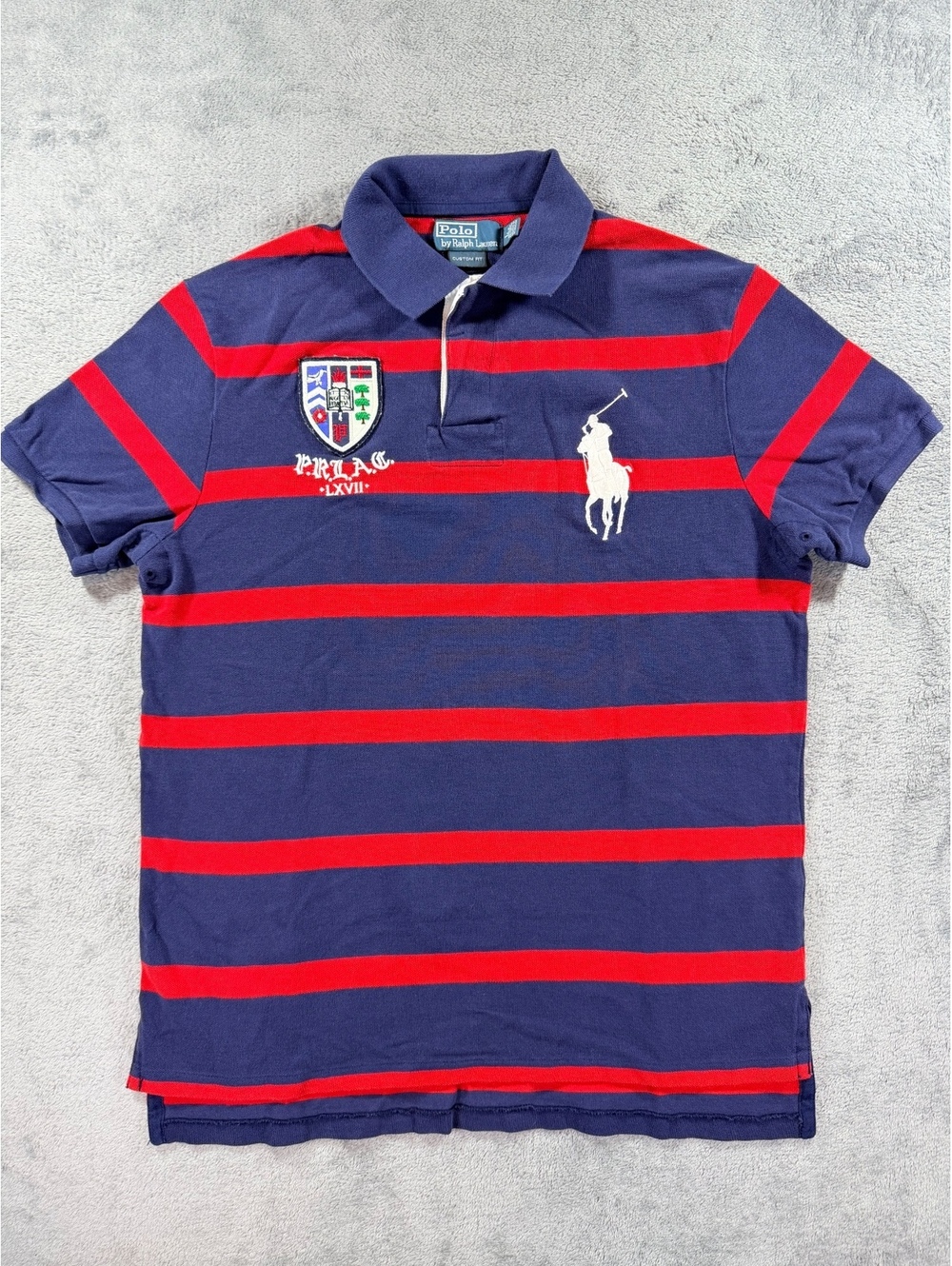 Polo by Ralph Lauren Custom Fit Navy and Red Striped Polo Shirt Large
